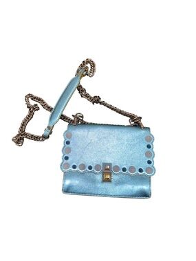 Fendi Kan Metallic Blue Scalloped Studded Shoulder Bag/ purse with Chain Strap